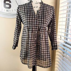 CANYON RIVER BLUES Size small Gray  Sheer Plaid Peasant 3/4 Sleeve Blouse